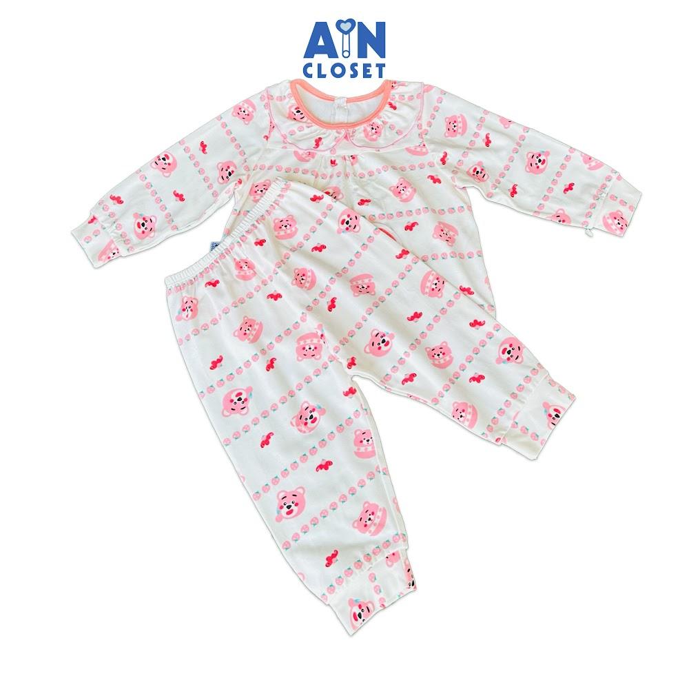 Bộ quần áo Dài bé gái họa tiết Gấu Kẻ Dâu Hồng Thun cotton - AICDBGWVPNS9 - AIN Closet