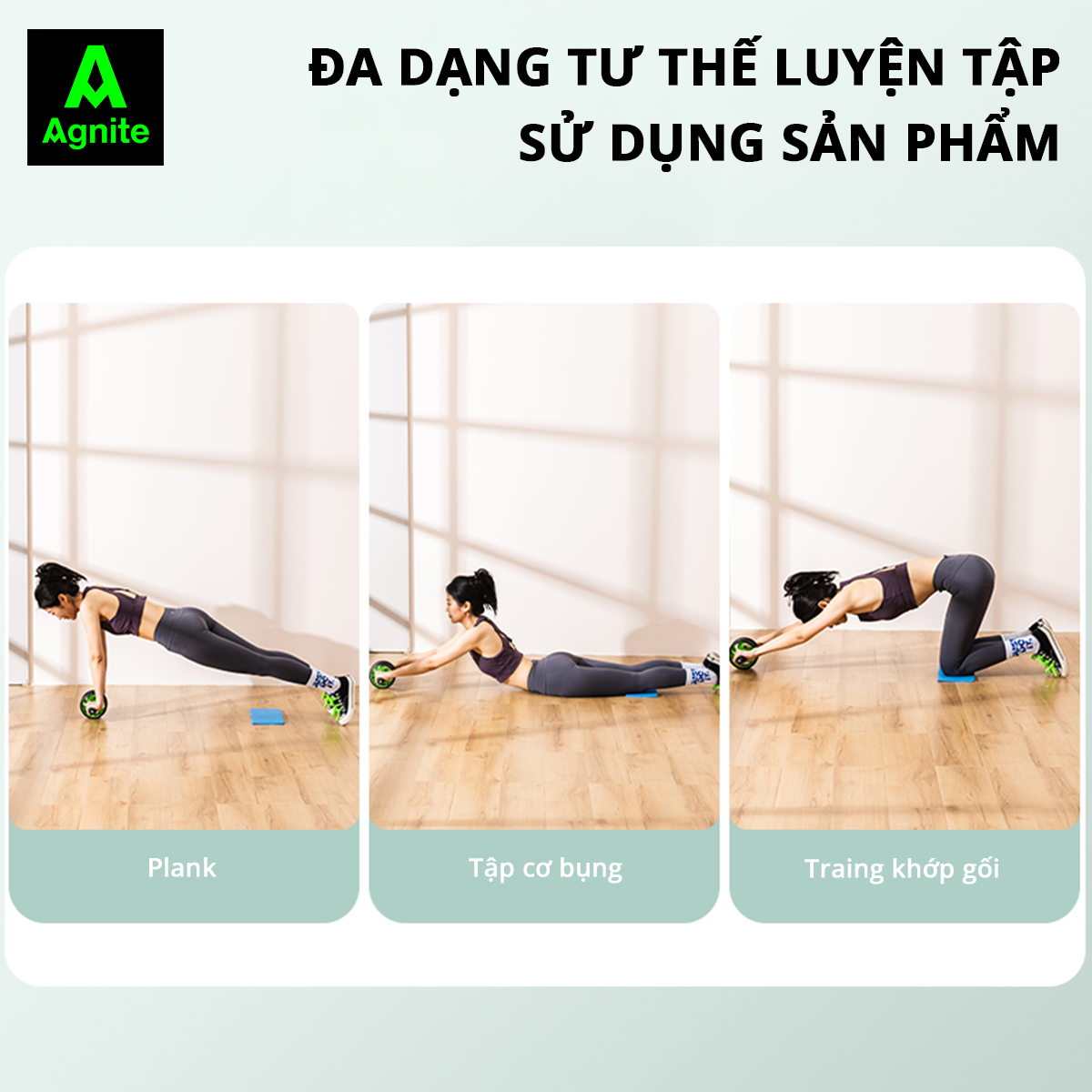 Con lăn tập bụng Agnite chính hãng, dụng cụ hỗ trợ gym tại nhà tiện lợi nhỏ gọn TẶNG kèm thảm lót gối - ER010