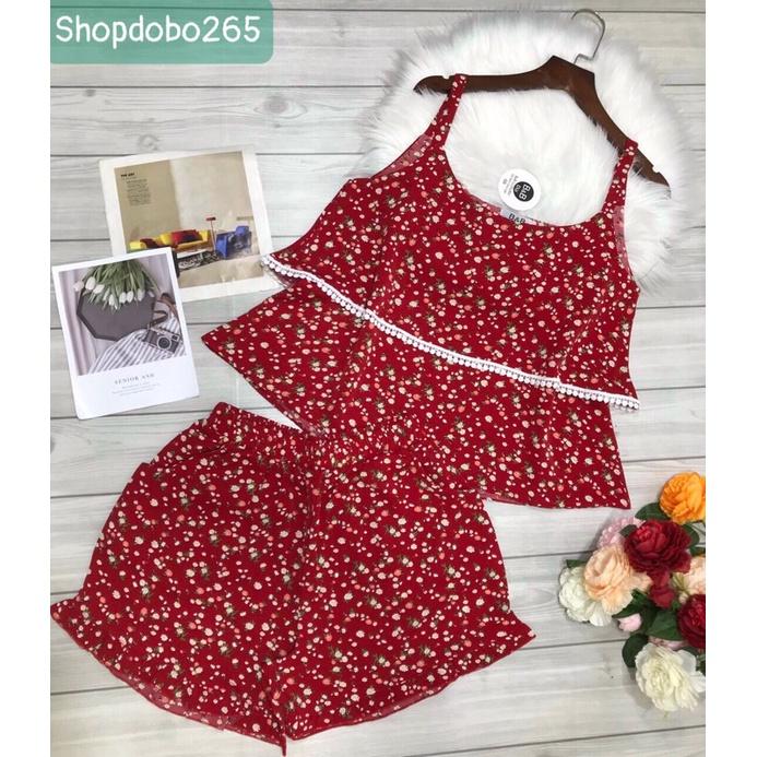 Bộ ngủ 2 dây,đồ ngủ mặc nhà đùi vải lụa mango BN 125 họa tiết siêu cưng size 47-60kg.