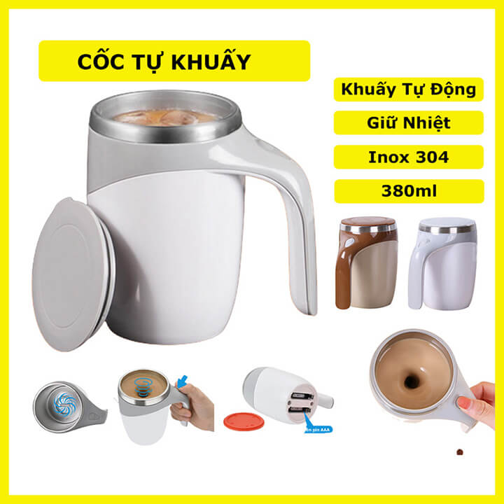 Cốc giữ nhiệt pha cà phê tự khuấy lõi Inox 304 dung tích 380ml, Ly tự khuấy nam châm pha đồ uống, trà Coffee thông minh-XY221