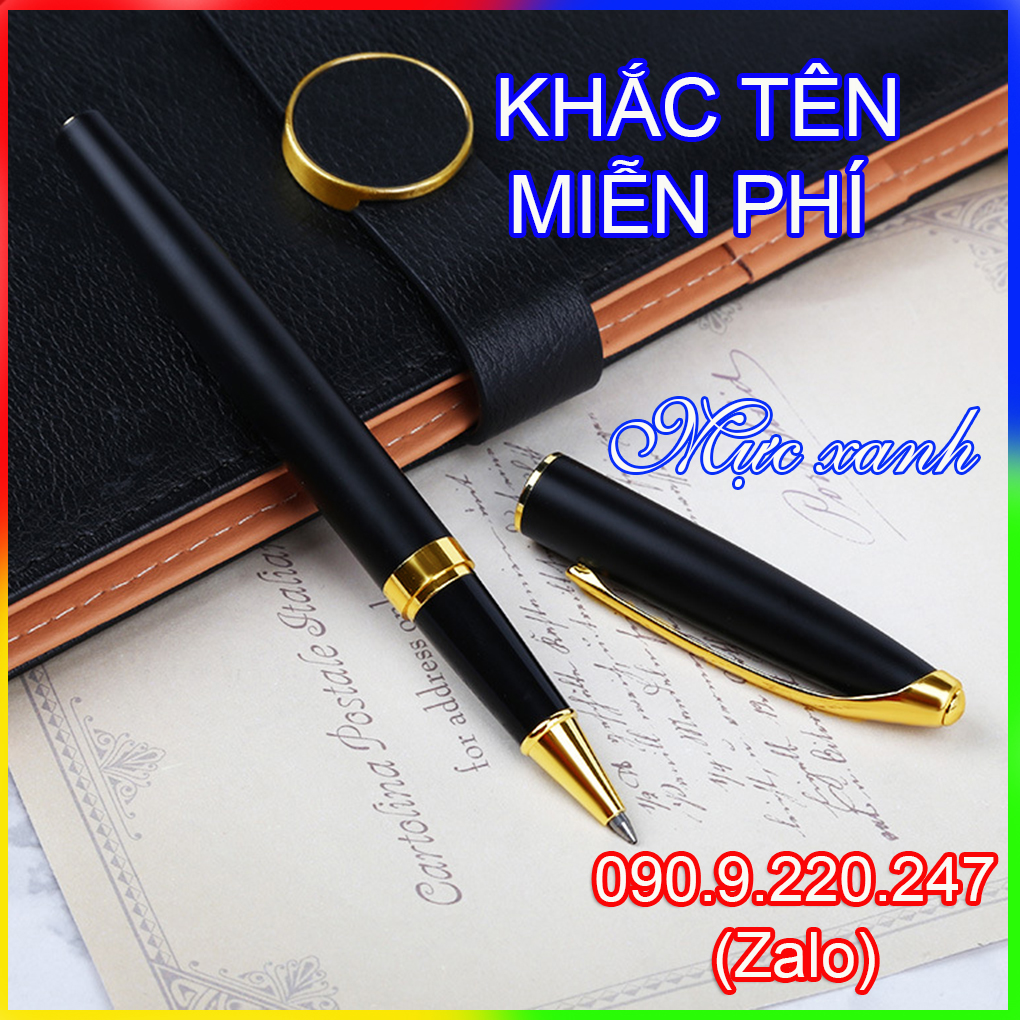 (Gift)Bút ký khắc tên cao cấp 003, đen nhám , dạng xoay mực bi và  rút nắp mực  dạ bi mượt đều ở mọi góc nghiêng