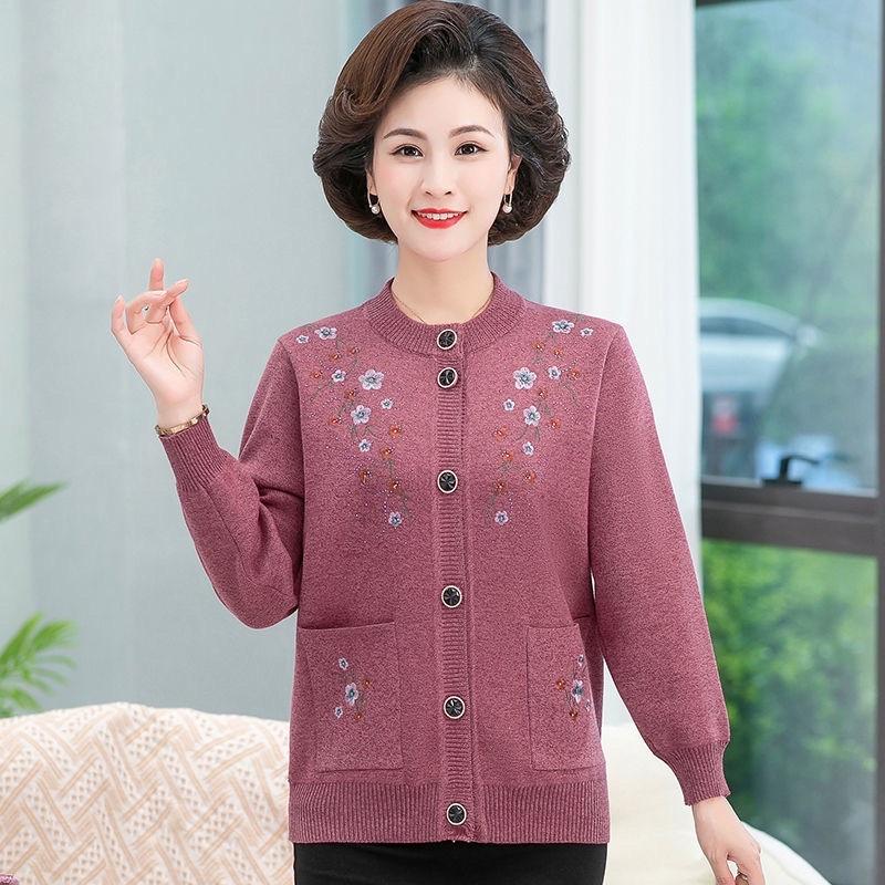 Áo cardigan len, Áo khoác len trung niên dệt kim thêu hoa cài cúc, Full size- Món quà tặng bà tặng mẹ KLGN06