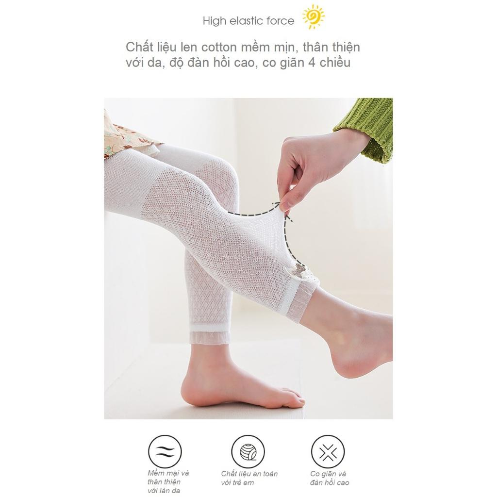 Quần tất không bàn cho bé gái, quần legging lưới mỏng, co giãn 4 chiều đính nhiều họa tiết size từ 1 đến 10 tuổi - Trắng - nơ