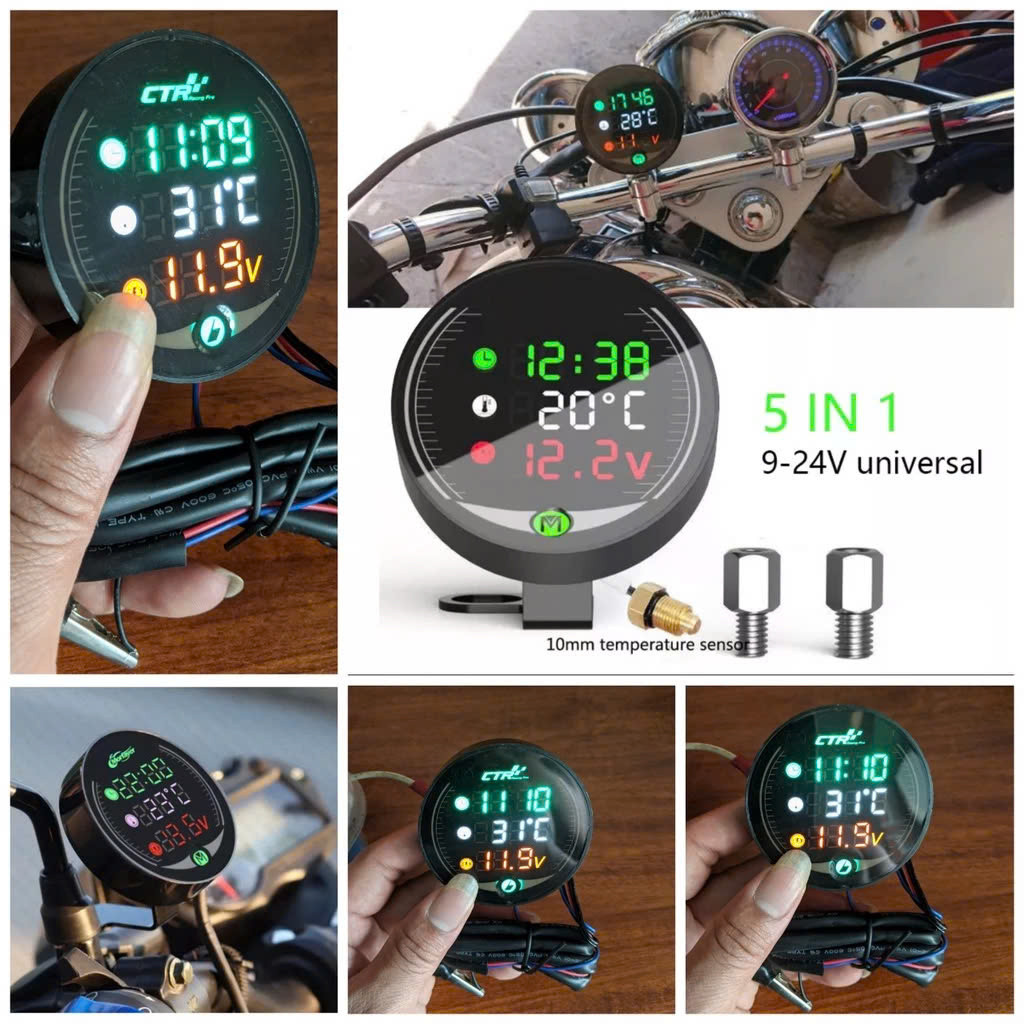 Đồng Hồ Báo Giờ Gắn Xe Máy 3in1 Màn Hình LED - Mẫu Mới, Chống Nước, Loại Tốt