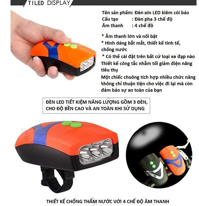 Đèn pin xe đạp kiêm còi báo FY-037 siêu sáng - Đèn Pin xe đạp - Đèn trước xe đạp dùng pin - Hàng chính hãng