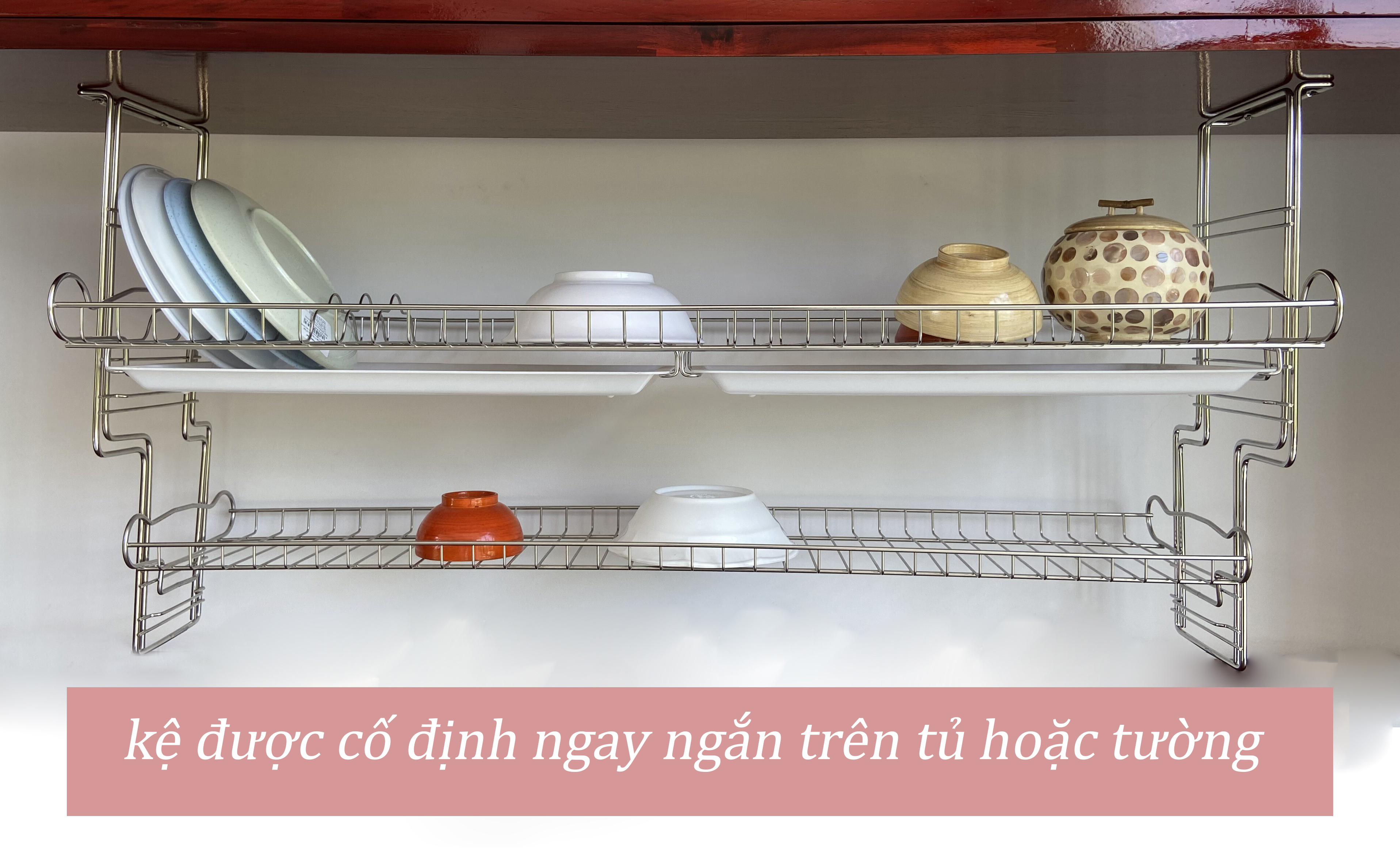 Kệ chén, kệ treo tủ bếp, kệ chén treo 2 tầng, kệ bát Inox 304- 2 tầng Wide + ống đũa nhựa