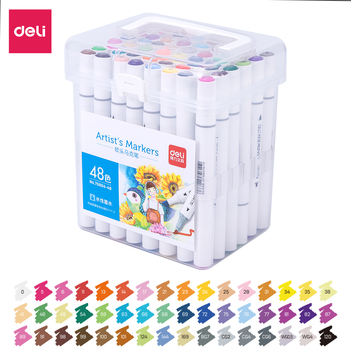 Bút màu marker thân tròn hai đầu ngòi brush Deli – Marker hộp nhựa – 12 24 36 48 60 Màu – 70804 – 48 màu