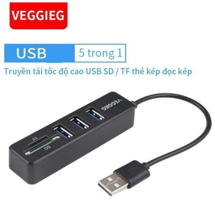 Hub VEGGIEG 5 in 1 Chia 3 Cổng Usb 2.0 Tích Hợp Đầu Đọc Thẻ Nhớ SD / TF - Hàng Chính Hãng