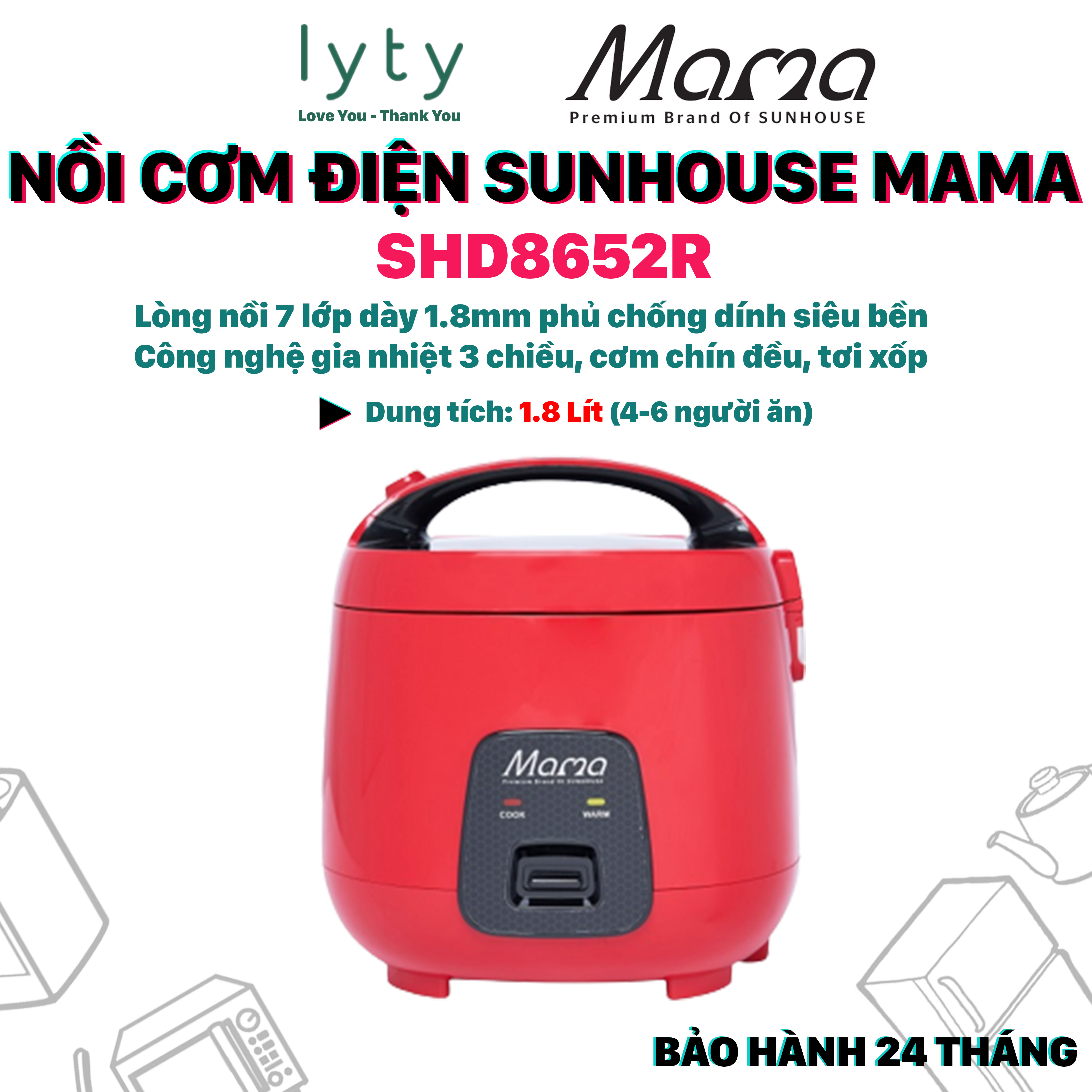 Nồi Cơm Điện 1.8 Lít Sunhouse Mama SHD8652R màu đỏ - Bảo hành điện tử 24 tháng toàn quốc