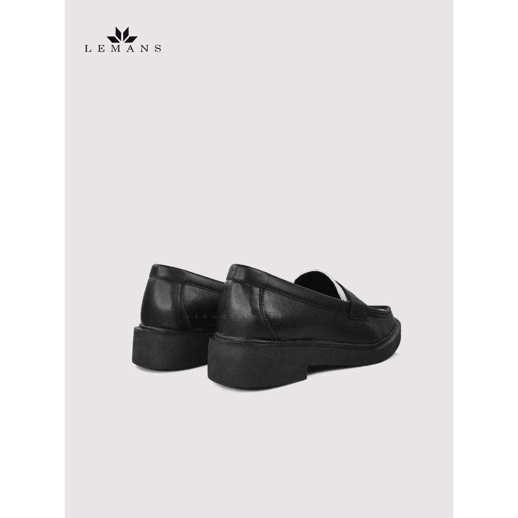 Giày da bò Penny Loafer Black White LEMANS, đế Lemans tăng chiều cao 4cm cho nam, giày lười nam, giầy da, bảo hành 12-24 tháng