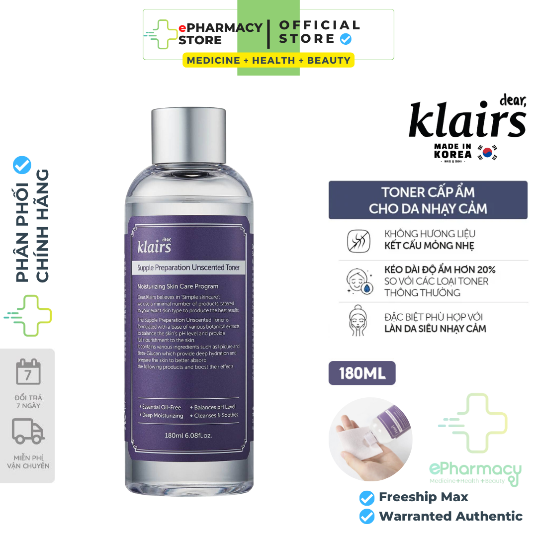 Toner Klairs Không Mùi Supple Preparation Unscented - Nước Hoa Hồng Klairs cấp ẩm da nhạy cảm 180ml