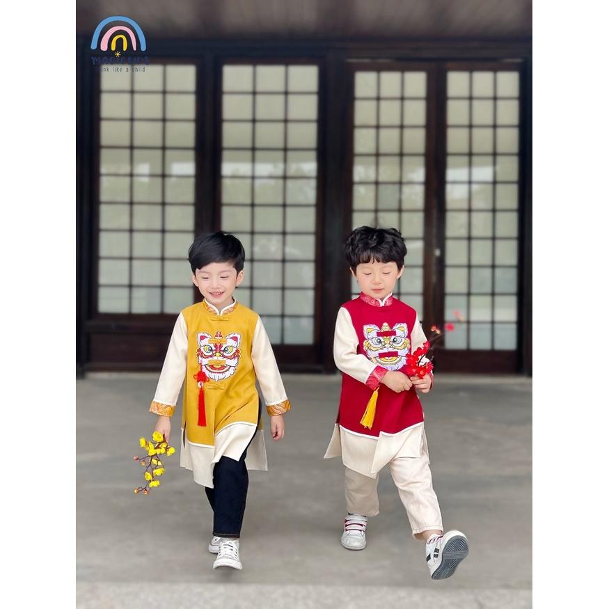 Áo dài bé trai Magickids dáng cách tân thêu lân sư kèm dây khánh chất nhung tăm mẫu mới Tết 2023 Quần áo trẻ em AD22002