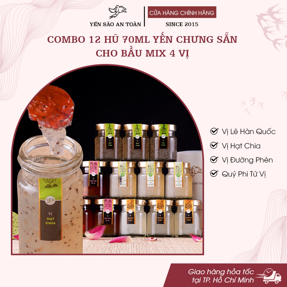 Combo 12 hũ yến chưng sẵn cho bầu mix 4 vị ĐẬM ĐẶC YẾN TƯƠI từ Yến Sào An Toàn