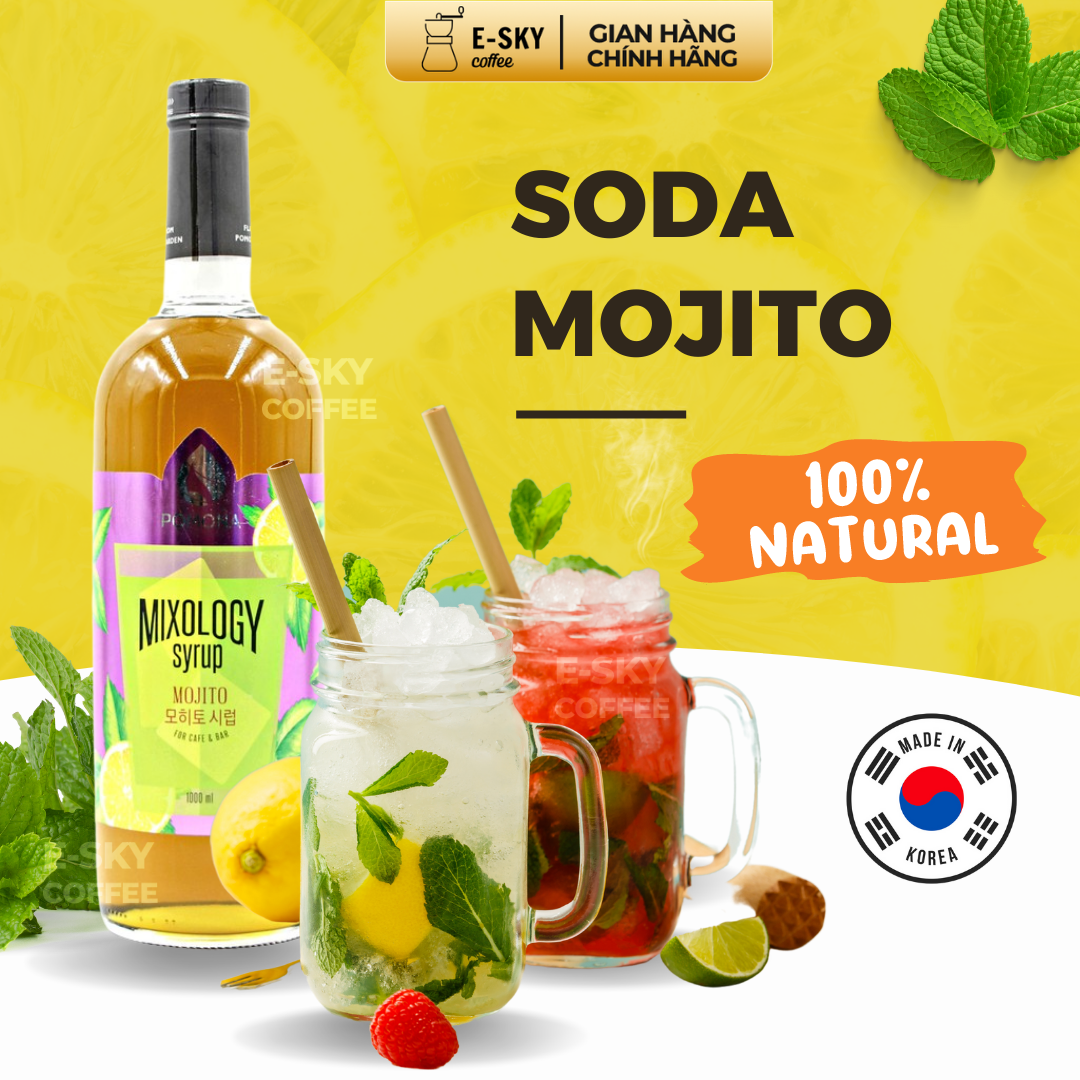 Siro Mojito Pomona Mojito Syrup Nguyên Liệu Pha Chế Hàn Quốc Chai Thủy Tinh 1 Lít