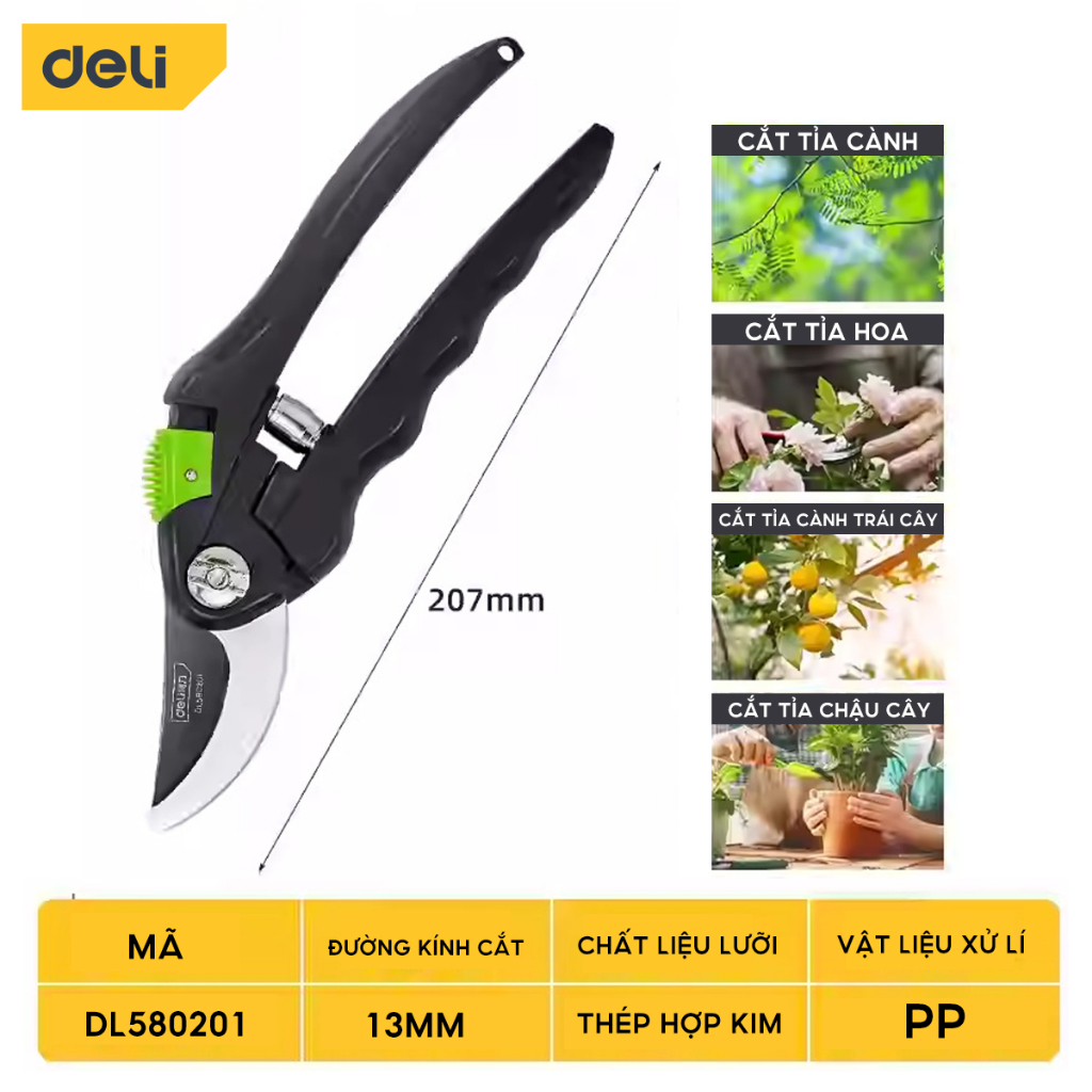 Kéo Cắt Tỉa Cành Cây Deli Chính Hãng 8inch - Lưỡi Thép Sắc Bén, Siêu Bền, Tay Cầm Đệm Cao Su An Toàn, Chắc Chắn DL580201