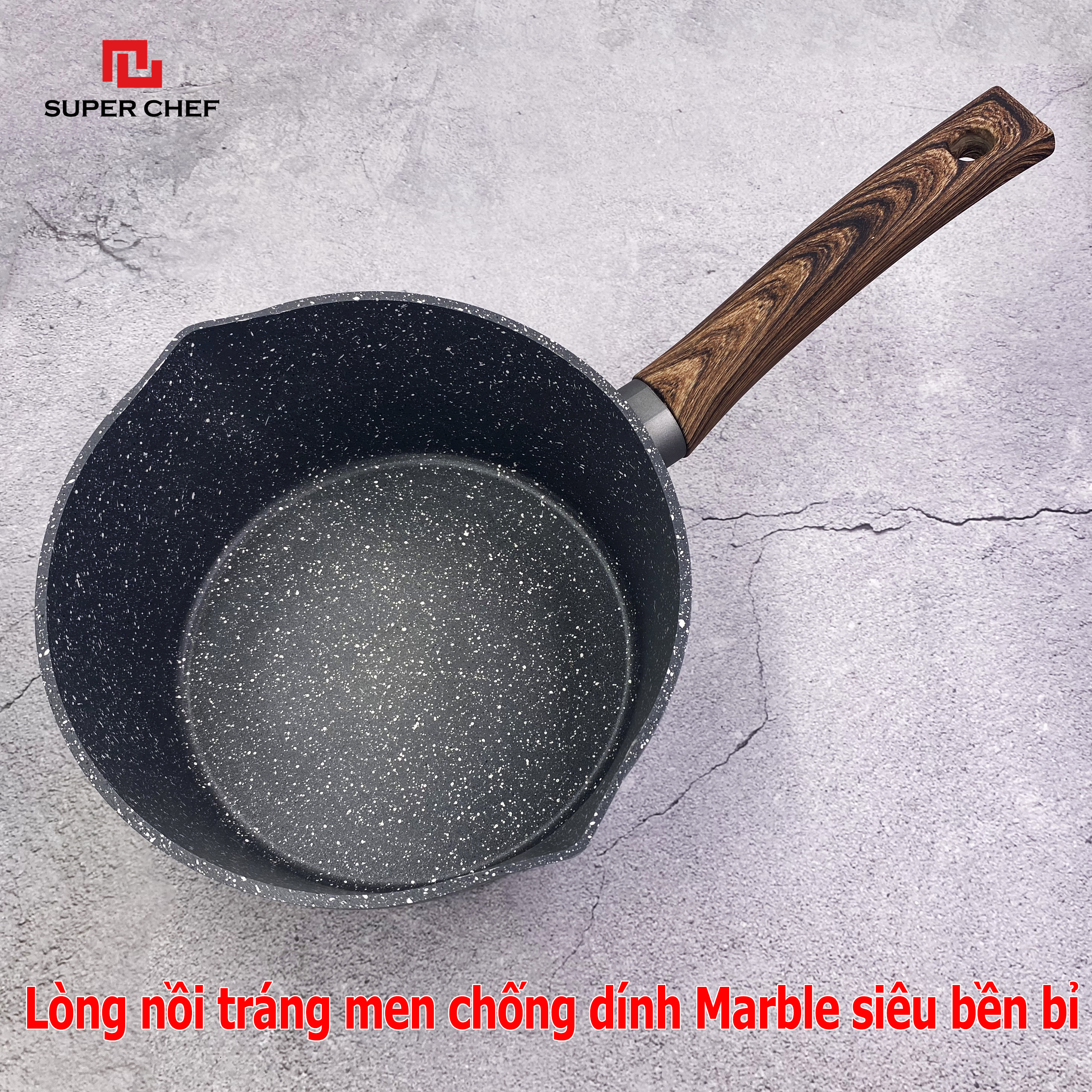 Nồi Vân Đá Cán Dài Đáy Từ Super Chef Chống Dính Hạn Chế Dầu Mỡ, Siêu An Toàn, Bền Bỉ Không Bong Tróc ( size 16-20cm) Dùng Cho Mọi Loại Bếp