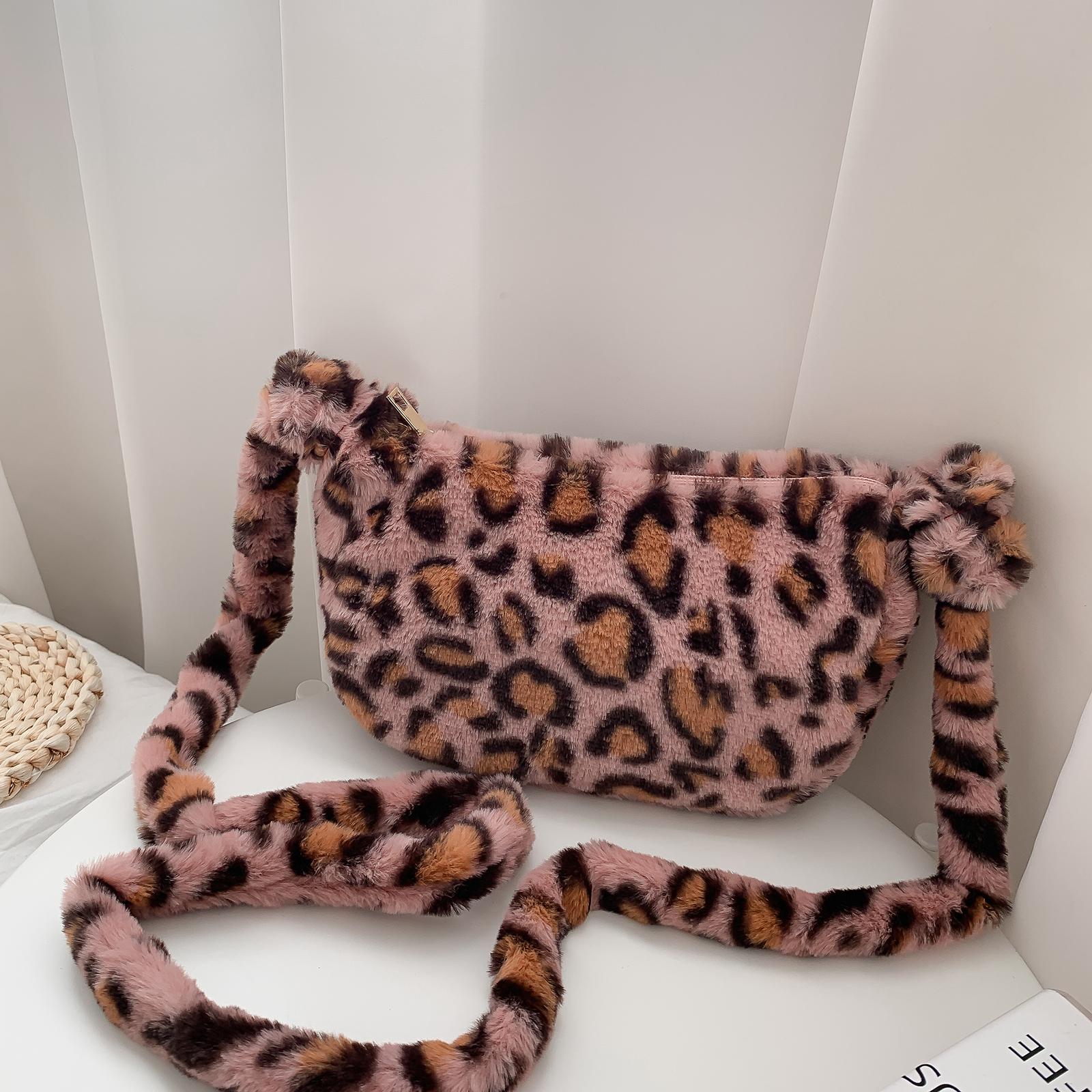 Women Faux Fur Tote Shoulder Bag Handbag Furry Leopard Print Top Handle Crossbody Shoulder Bag