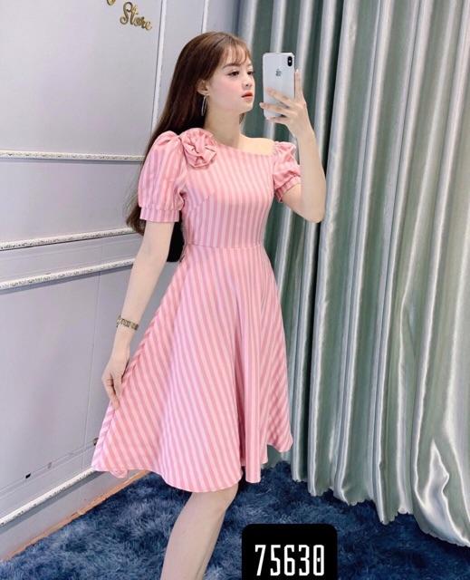 ĐẦM XOÈ HỒNG SỌC HOA CÀI -MS11-Có size M/L/XL/2XL đến 70kg MMR