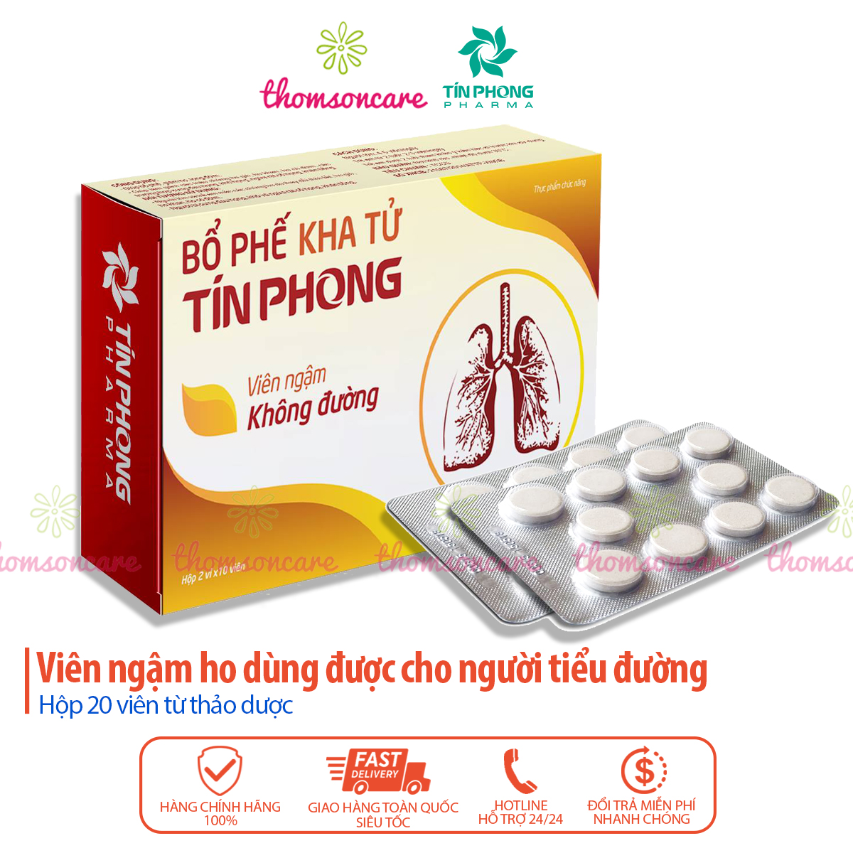 Viên ngậm Bổ phế kha tử Tín phong - Không đường, Hỗ trợ giảm ho, long đờm, đau họng, khản tiếng