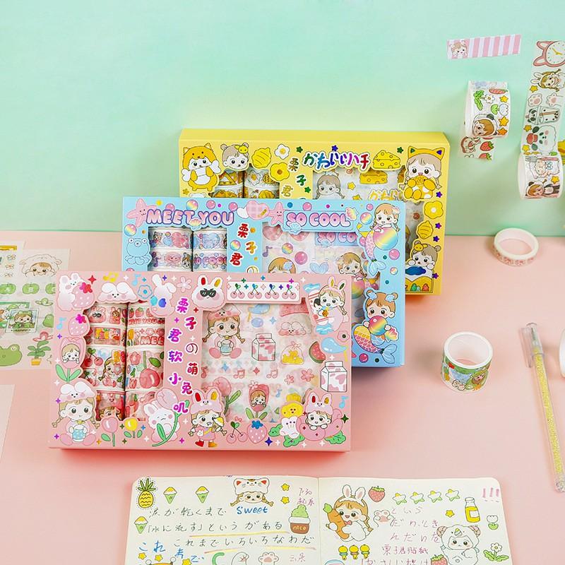 Hộp 10 Washi Tape 10 Sticker Cô Bé Cute Dễ Thương Băng Keo Dính Hình Dán Stickers Trang Trí Sổ Tay Xinh