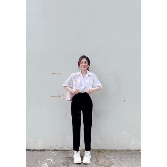 Quần tây baggy đi học nữ cạp có đai lưng cao màu đen dáng dài - Quần vải công sở Vitex dày dặn phối áo sơ mi đi học làm