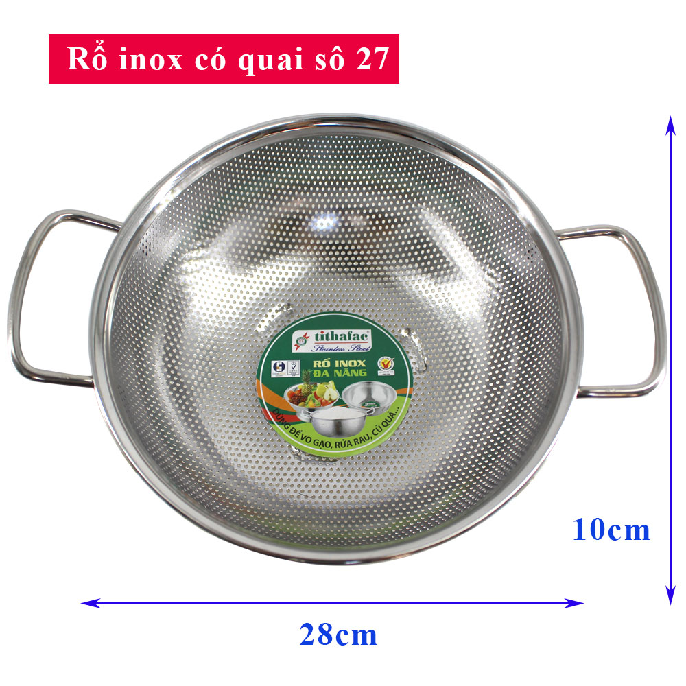 Rổ inox 201 có quai đa năng dùng để vo gạo, đựng hoa quả đường kính 26 cm Tithafac