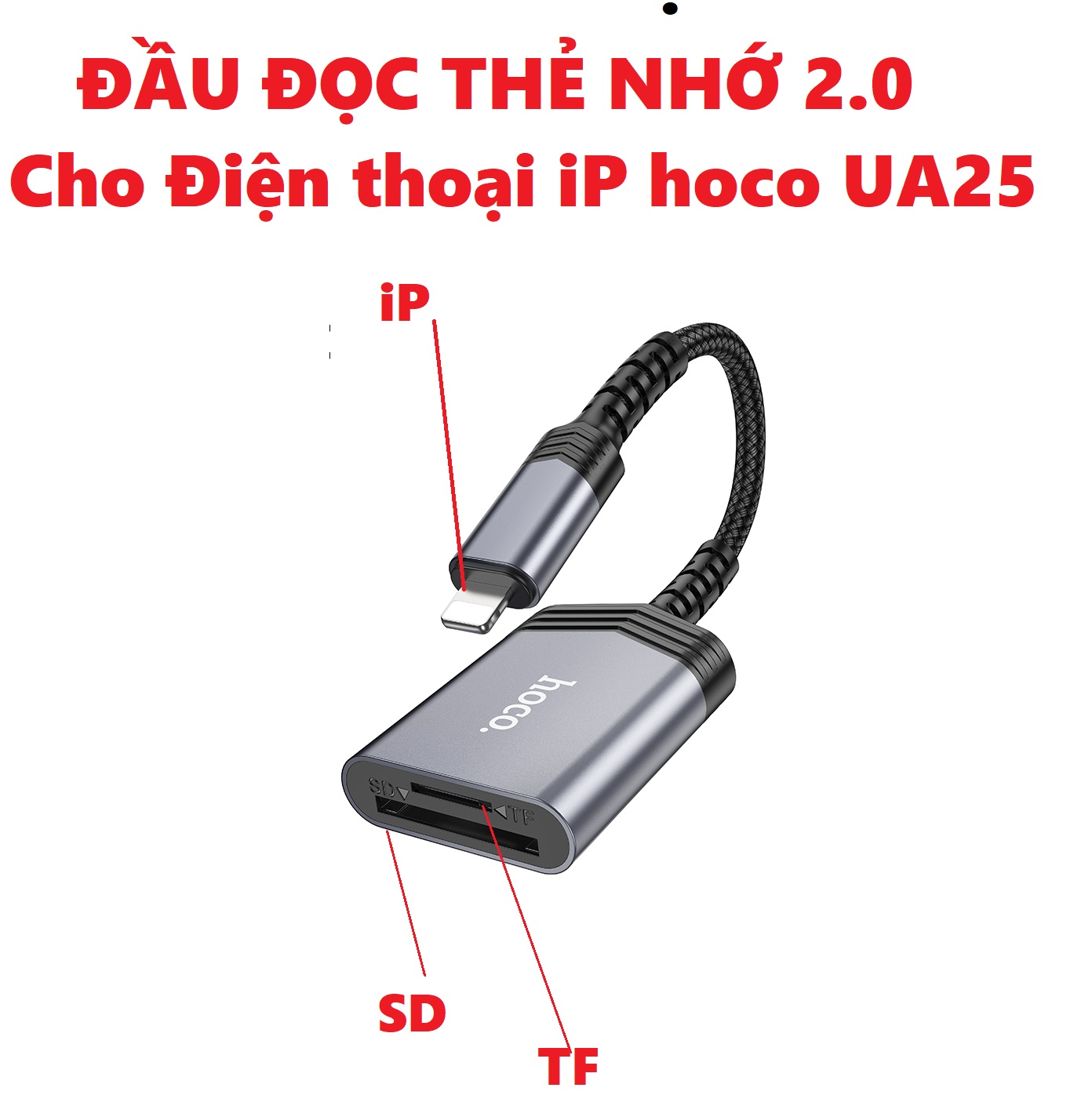 [ iP / type C Card reader ] Đầu đọc thẻ nhớ SD/ TF chuẩn 2.0 cho iP và cho điện thoại laptop type C Hoco UA25 _ Hàng chính hãng