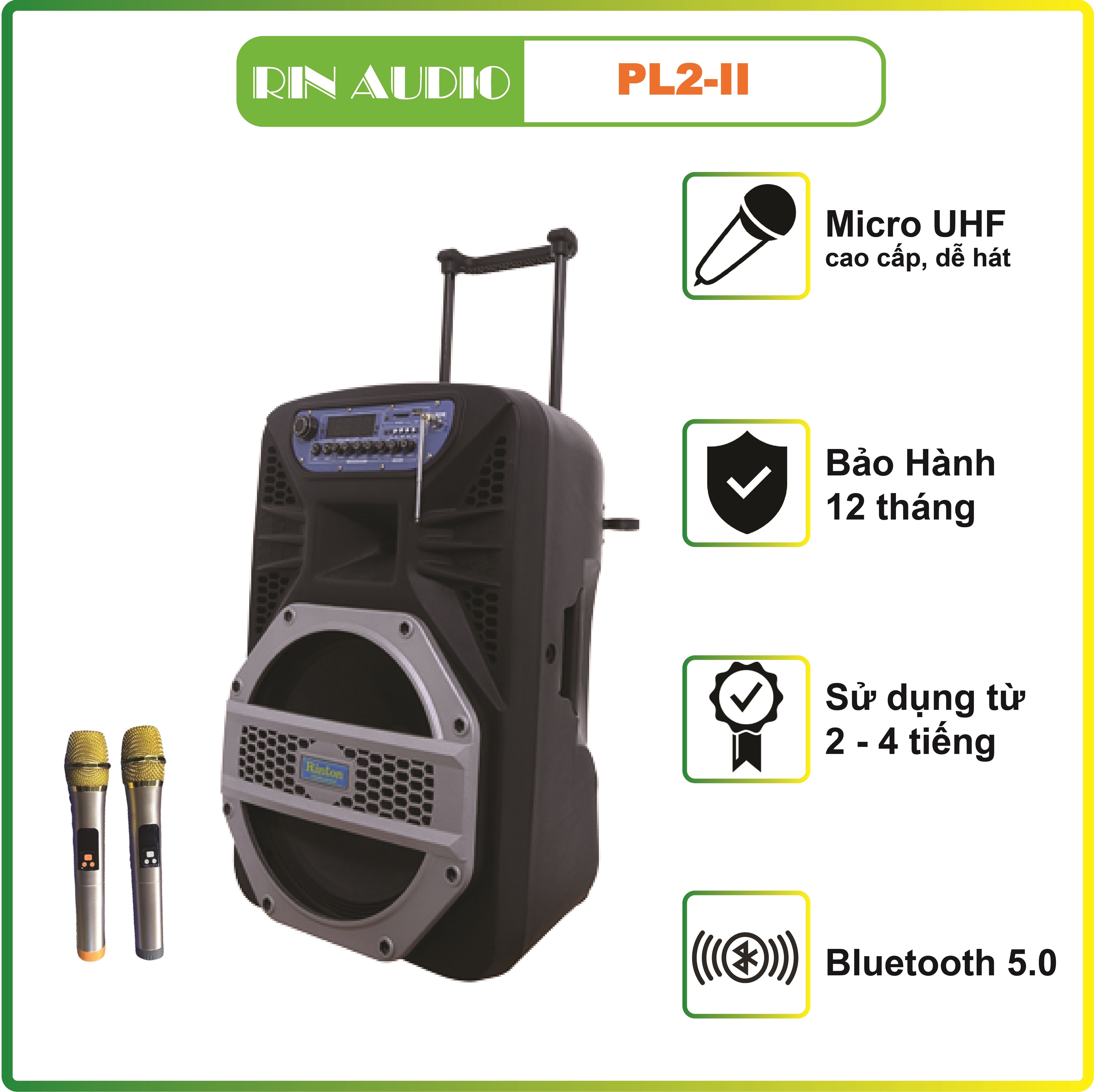 Loa kéo di động karaoke Rinton PL2-II 400W (có bình) - Hàng chính hãng