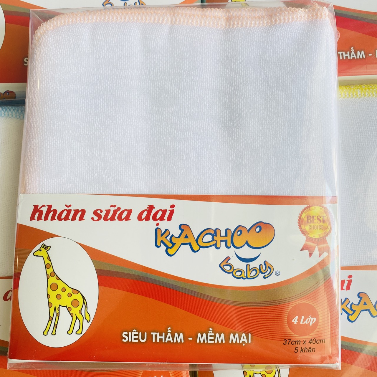 Khăn sữa sơ sinh 4 Lớp Sợi Mềm Kachoo Baby- Loại lớn- 1 Túi 5 cái khăn xô 4 lớp kích thước 37x40cm