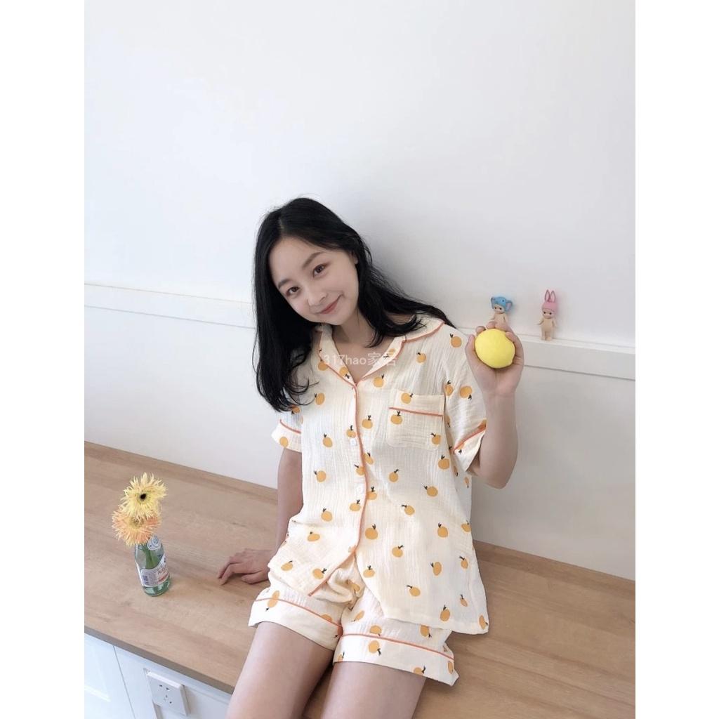 Đồ bộ nữ mặc nhà pijama hình cam dưa kèm scrunchie xinh xắn