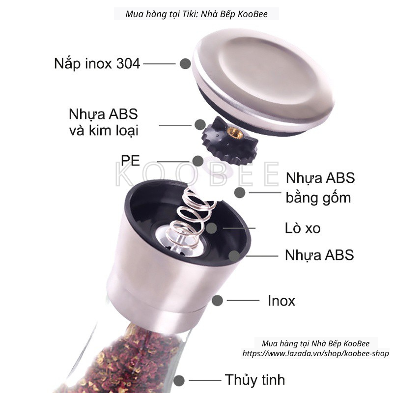 Cối xay tiêu thủy tinh cầm tay cao cấp KooBee - Lọ xay hạt tiêu đen, tiêu sọ, muối hồng, ớt khô đa năng tiện dụng