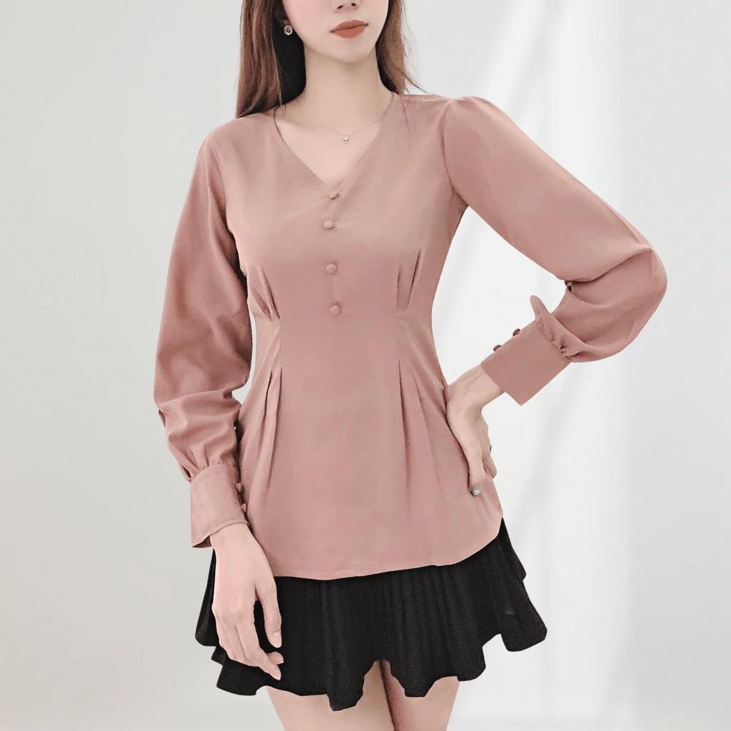 Áo thun nữ dài tay, áo kiểu xếp ly eo hồng đất EKS122