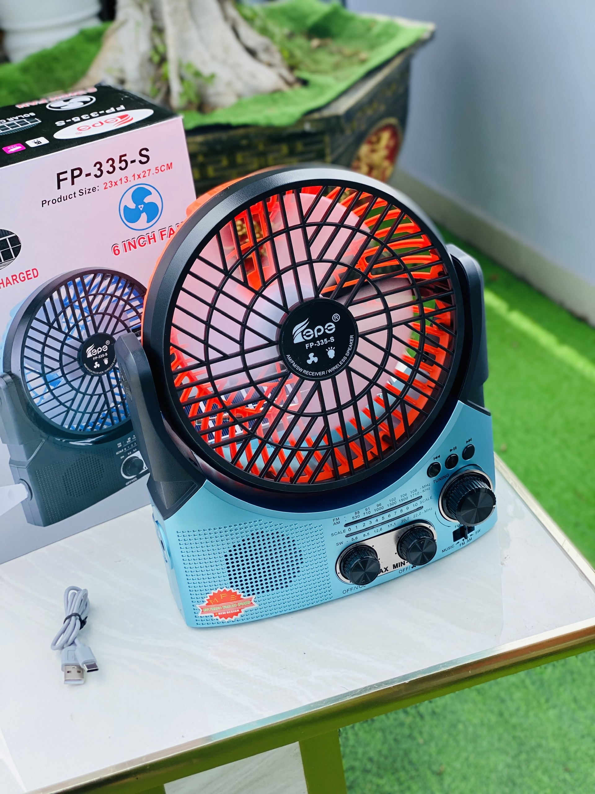 Quạt Đa Năng 4in1 FP 335S Có Năng Lượng Mặt Trời  Kèm Loa Nghe Nhạc, Đài FM, Đèn Pin FM, USB, TF Tiện Lợi Du Lịch Cắm Trại Dã Ngoại Hàng nhập Khẩu