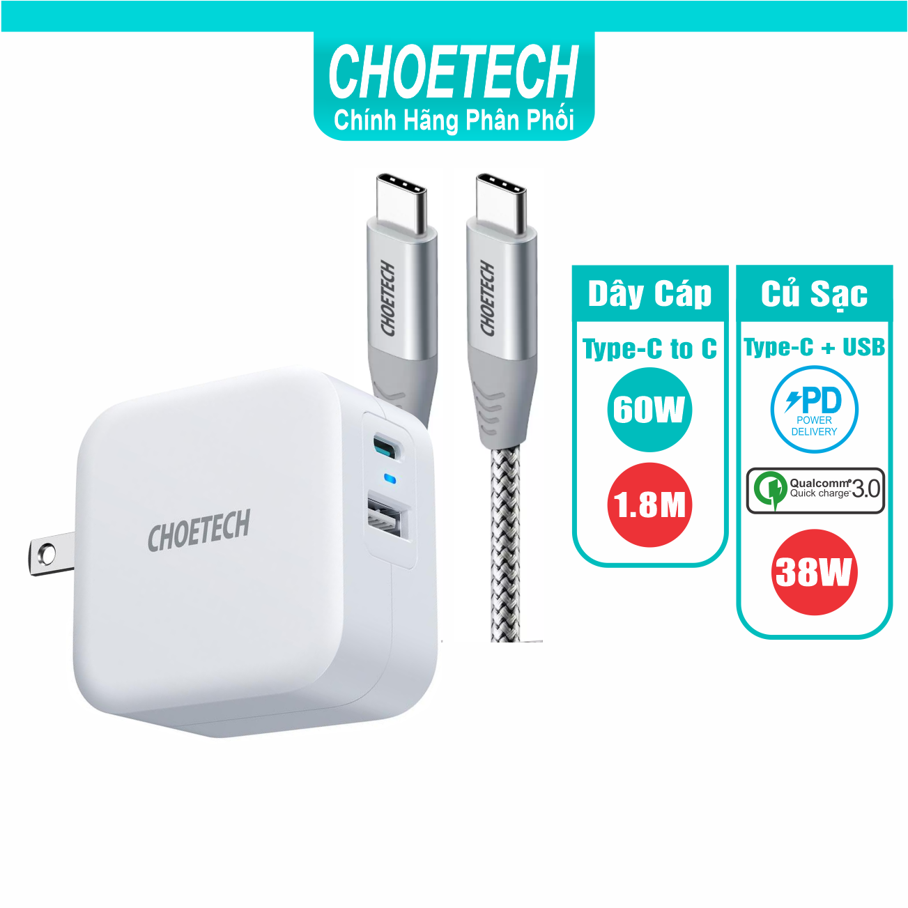 Bộ Củ Sạc Nhanh CHOETECH 38W PD5002 Và Cáp C to C 60W Dài 1.8M CC0005-SR Cho Điện Thoại Samsung, Oppo, Vivo, Xiaomi - Hàng Chính Hãng