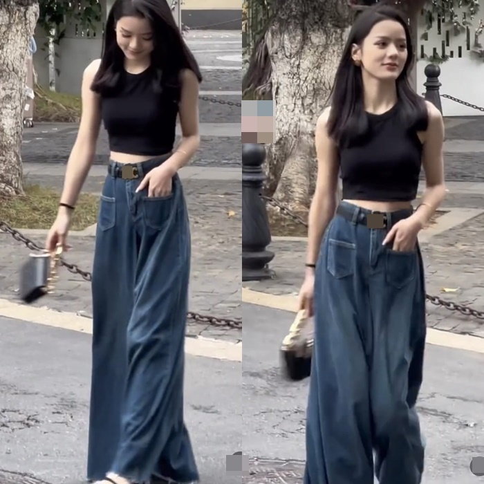 SET QUẦN JEANS DÀI ỐNG RỘNG SUÔNG LƯNG CAO DENIM TÚI NGƯỢC + ÁO CROPTOP THUN 3 LỖ ĐEN CƠ BẢN DẠO PHỐ ĐI CHƠI ĐI BIỂN