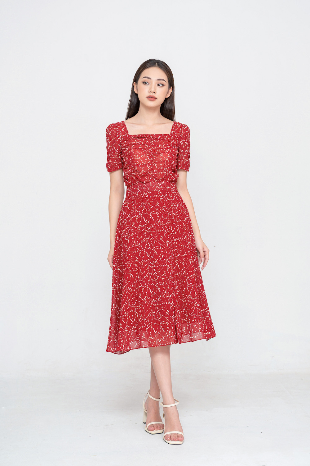 De Leah - Đầm xòe nhún li ngực - Đỏ