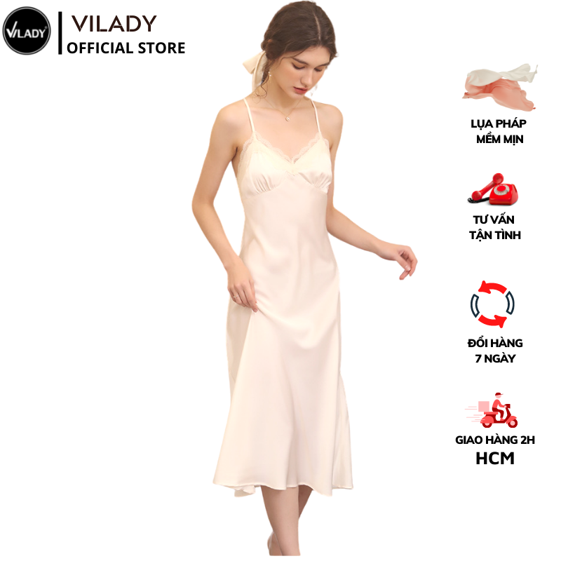 Đầm ngủ, Váy ngủ lụa Pháp thiết kế 2 dây chéo lưng phối ren cao cấp VILADY - V147