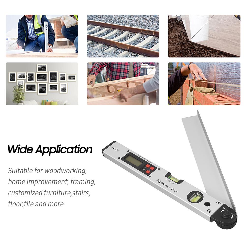16-inch 225-degree Digital Angle Level LCD Electric Protractor with Horizontal Vertical Level Bubbles Aluminum Alloy Woodworking Angle Gauge