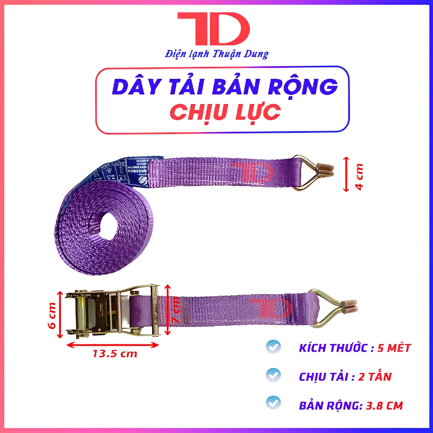 Tăng đơ vải, dây cảo chằng hàng hóa, pallet bản rộng 3.8cm, tải trọng 2 tấn - Điện Lạnh Thuận Dung