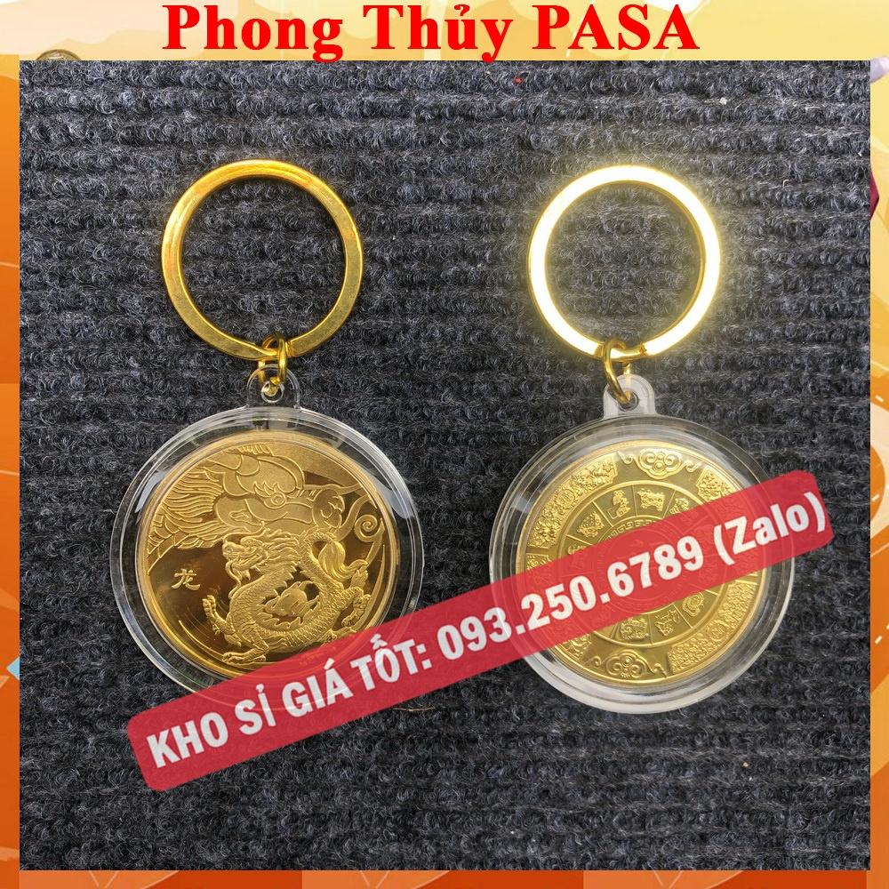 [CON RỒNG] Móc Khóa Đồng Xu Khắc Hình 12 Con Giáp, Niken Mạ Vàng Phong Thủy - Ecoins