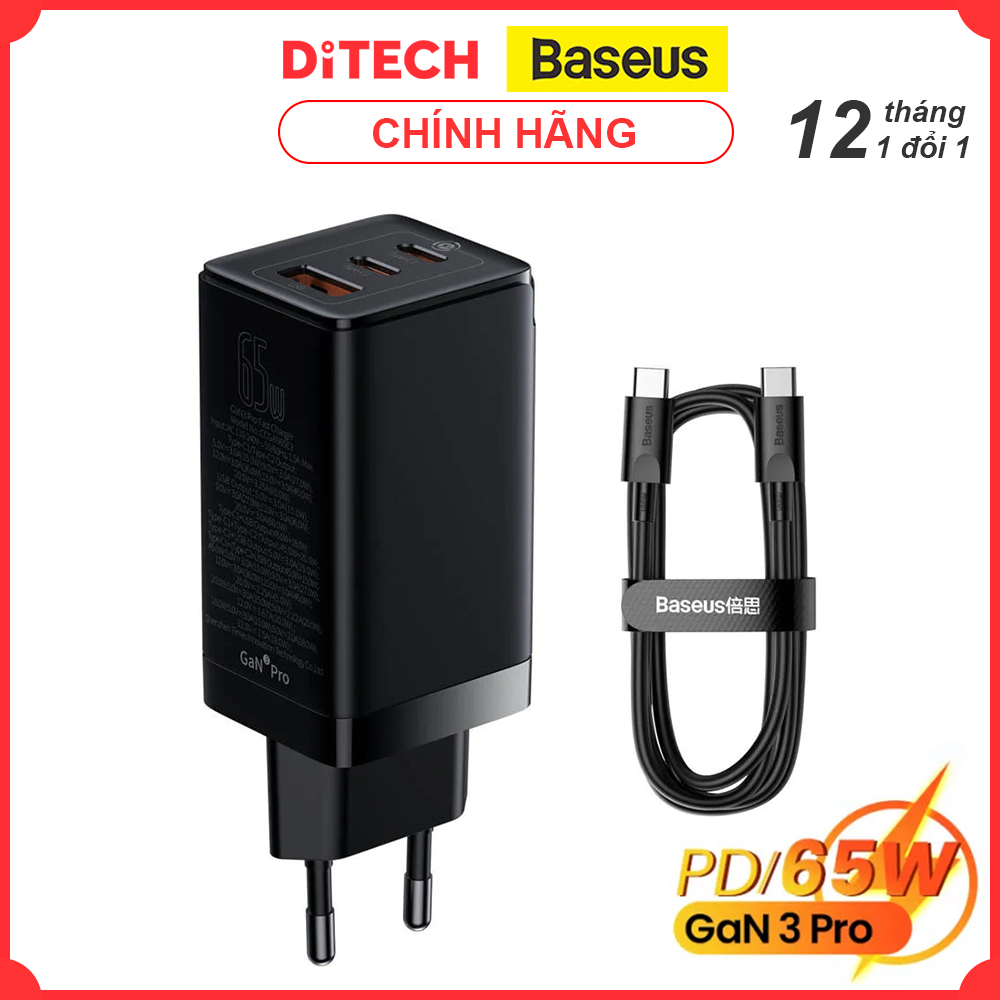 Bộ Sạc Nhanh Baseus GaN3 Pro Fast Charger 65W EU, 2C+U, PD3.0, QC4.0 (Kèm cáp Type-C to Type-C 1M 100W) 2022 - Hàng Chính Hãng