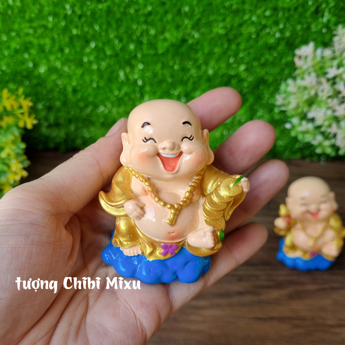 Bộ 05 tượng Di Lặc 7cm nhũ vàng kèm chân đế Tài Lộc Phát