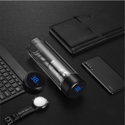 Bình Trà Thuỷ Tinh 2 Lớp Phân Tách Thông Minh Gentle Digi Black có hiển thị nhiệt độ