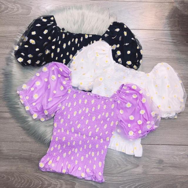 Áo kiểu nhún phối lưới in hoa cúc