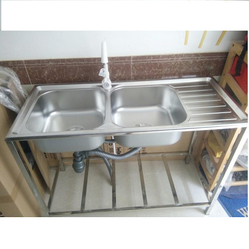 Chậu Rửa Bát Inox Hwata 2 Hộc 1 Cánh Có Bàn Chờ Kèm Chân - Hàng Chính Hãng