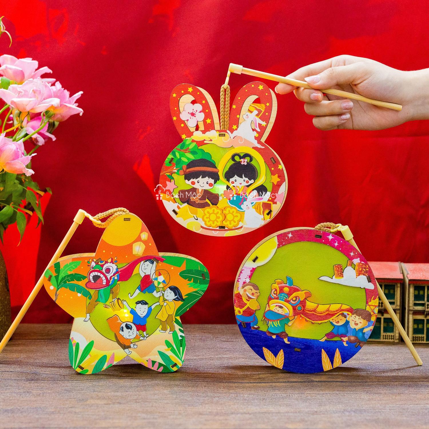 Lồng Đèn Trung Thu Gỗ 2 Mặt Màu - Bách Mộc - Lân Sao