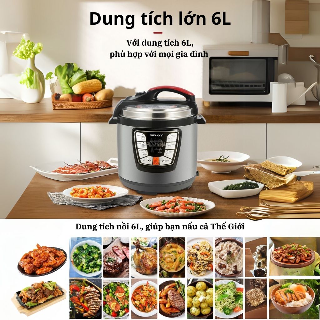 Nồi áp suất điện tử đa năng SOKANY SK-2401 công suất 1000W, dung tích lên đến 6L, nấu ăn nhanh chóng, tiết kiệm thời gian - HÀNG CHÍNH HÃNG
