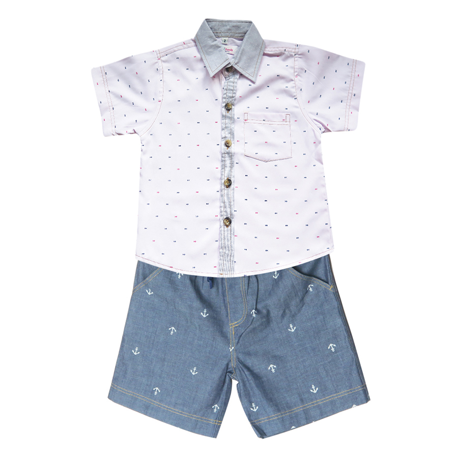 Set Quần Short Xanh Và Áo Sơ Mi Họa Tiết Xương Cá Cuckeo Kids QSSM017