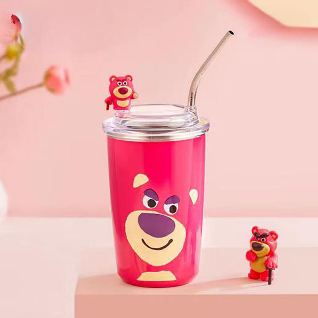 Ly giữ nhiệt gấu dâu inox 304 dung tích 450ml kèm sticker 3d và ống hút siêu xinh