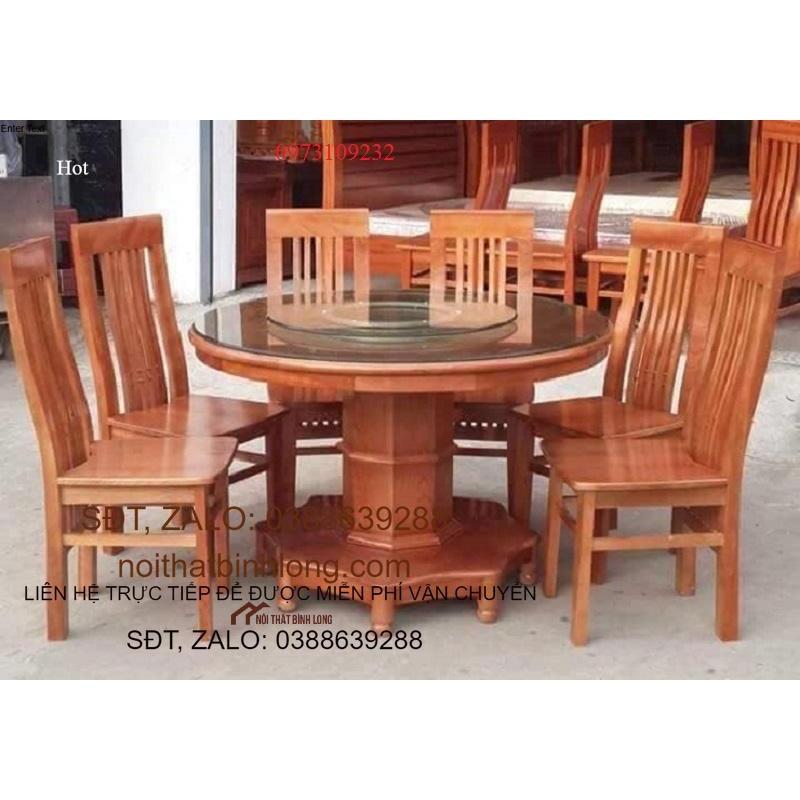 bộ bàn ghế ăn 6 ghế bàn tròn kính xoay gỗ sồi nga